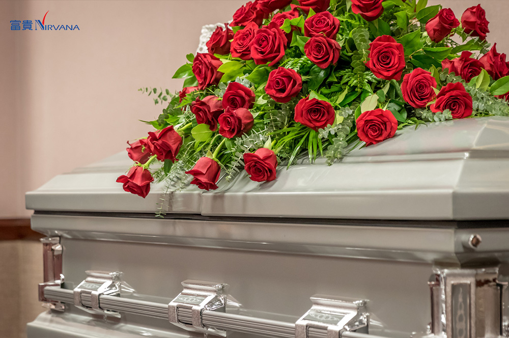 Close up of flower bouquet on coffin